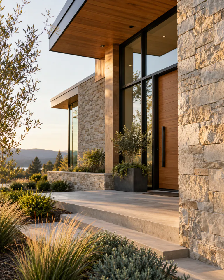 Refined stone and wood architectural detail of a contemporary home