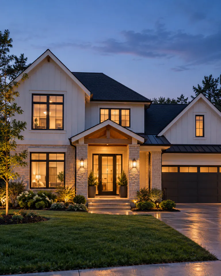 Contemporary home at blue hour with warm interior lighting