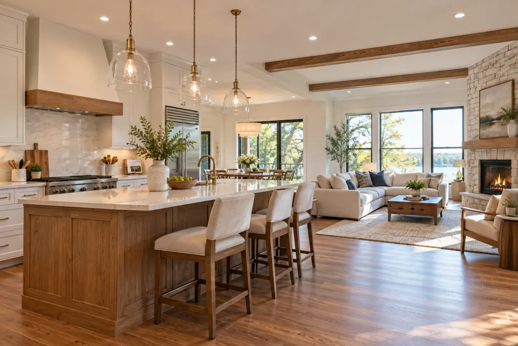Completed residential renovation with a bright modern kitchen and living area