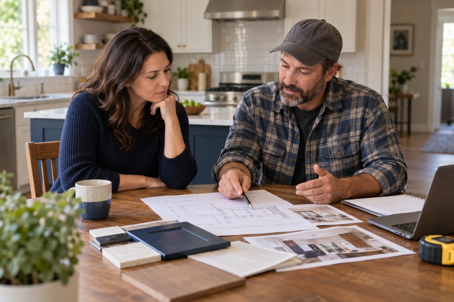 A homeowner and contractor review kitchen renovation plans together.