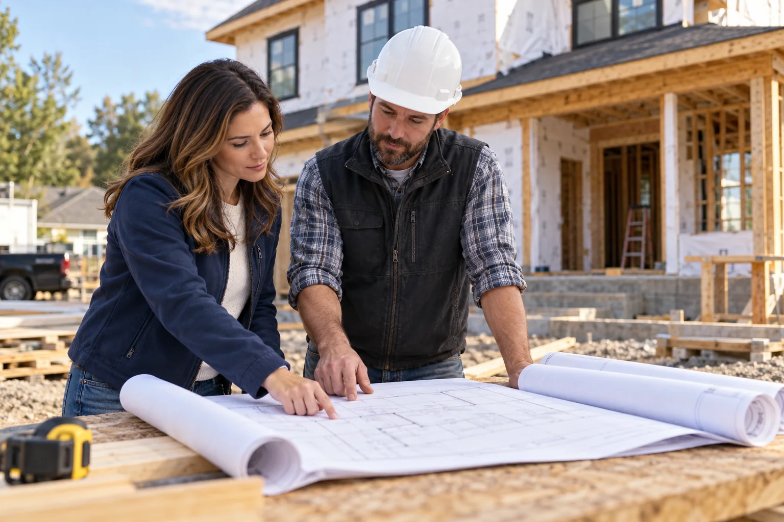 A prospective homeowner and builder review plans at a residential construction site.