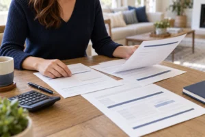 Hands organize mortgage estimate papers beside a calculator on a table.