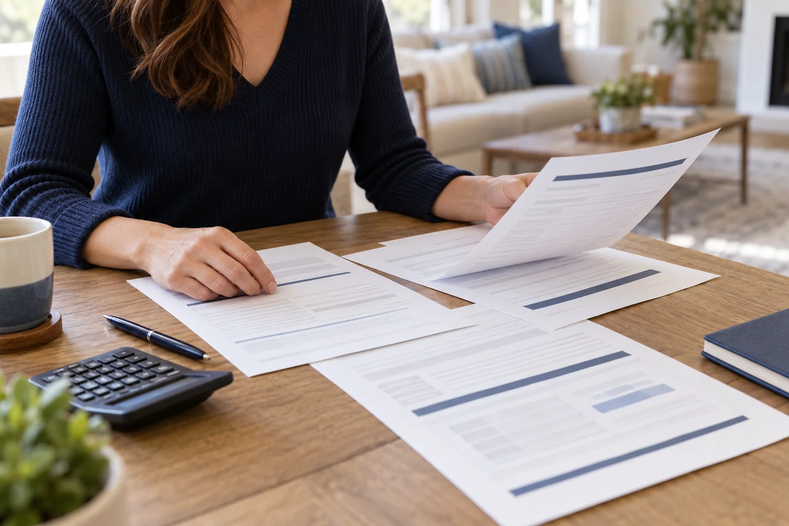 Hands organize mortgage estimate papers beside a calculator on a table.