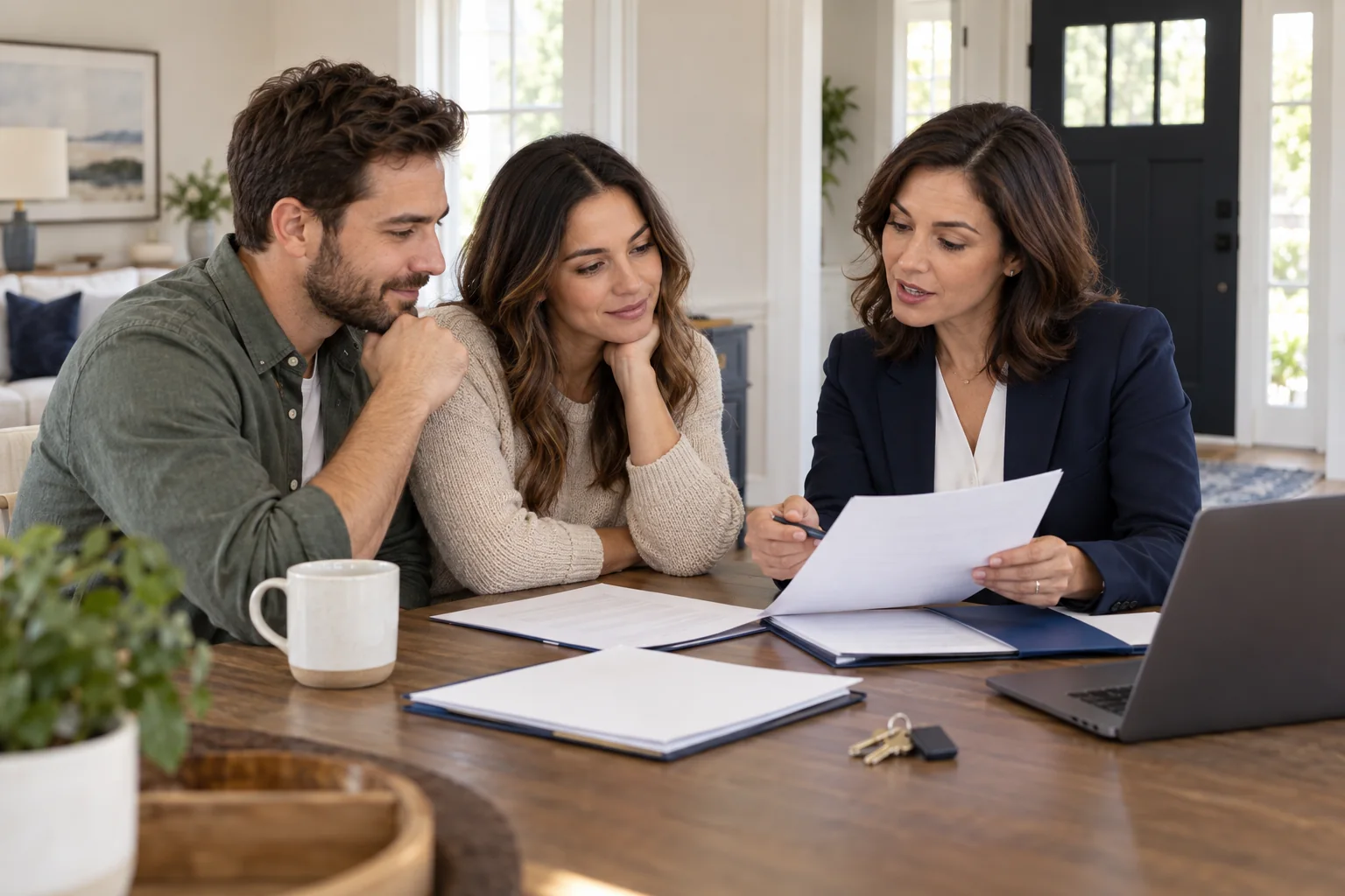 A homebuying couple reviews paperwork with a mortgage professional.