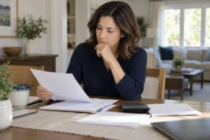 A homeowner reviews mortgage papers and a calculator at a dining table.