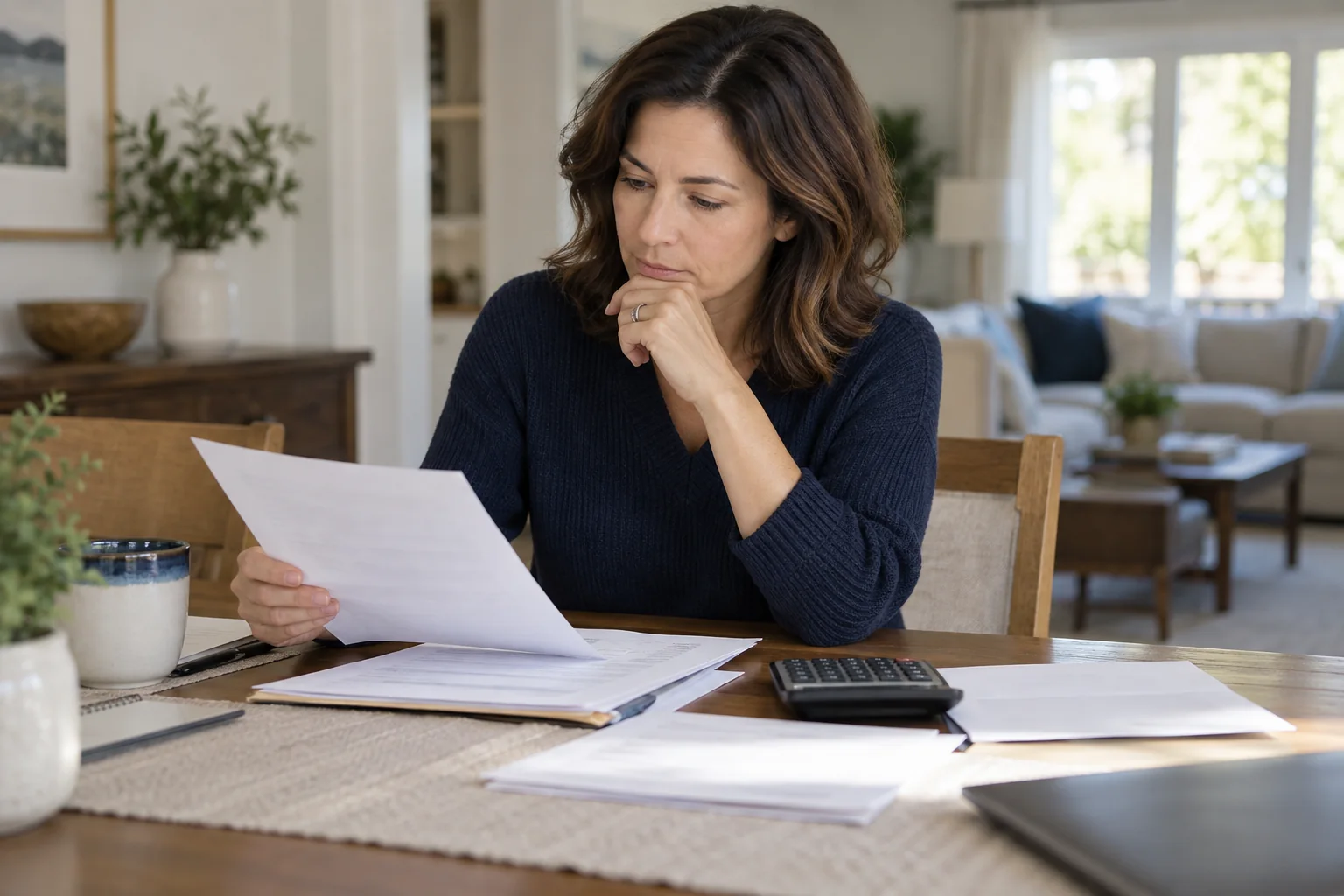 A homeowner reviews mortgage papers and a calculator at a dining table.